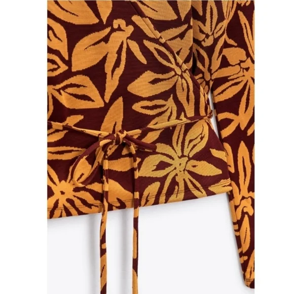 Zara Floral Wrap Crop Sweater Jacket Long Sleeve Orange Red Leaf Pattern Tie EUC - Picture 4 of 14